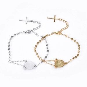 Rosary Mary Medallion Cross Bracelet, Gold or Silver Rosary Bracelet